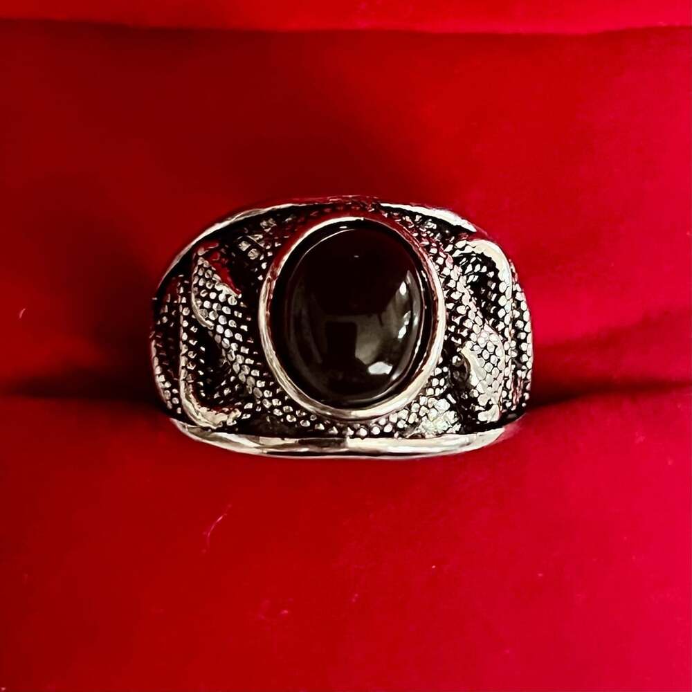 Vintage Gothic Snake Design Black Gemstone Titanium  Silver Size 9